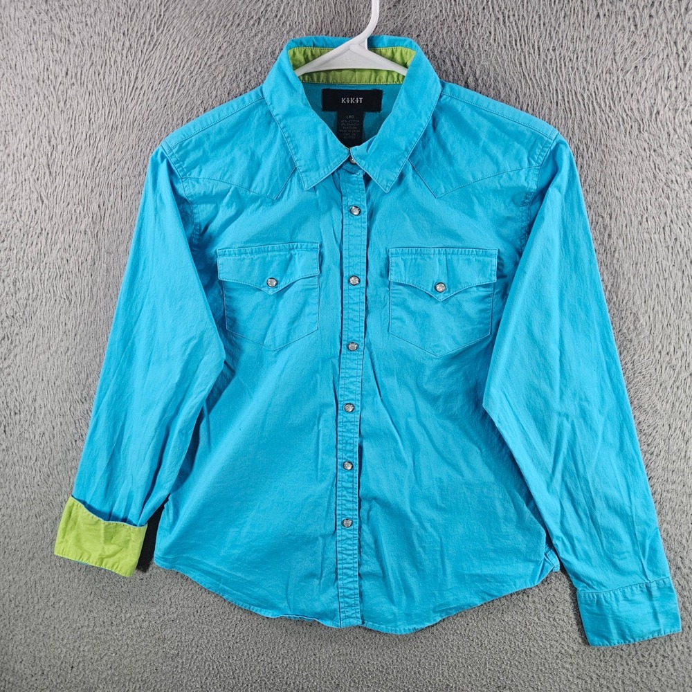 Kikit Womens Western Snap Button Down Shirt Turquoise Blue Lime Green Large L